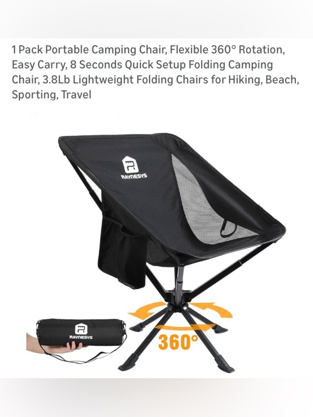 RAYNESYS Black Portable 360° Rotating Folding Camping Chair